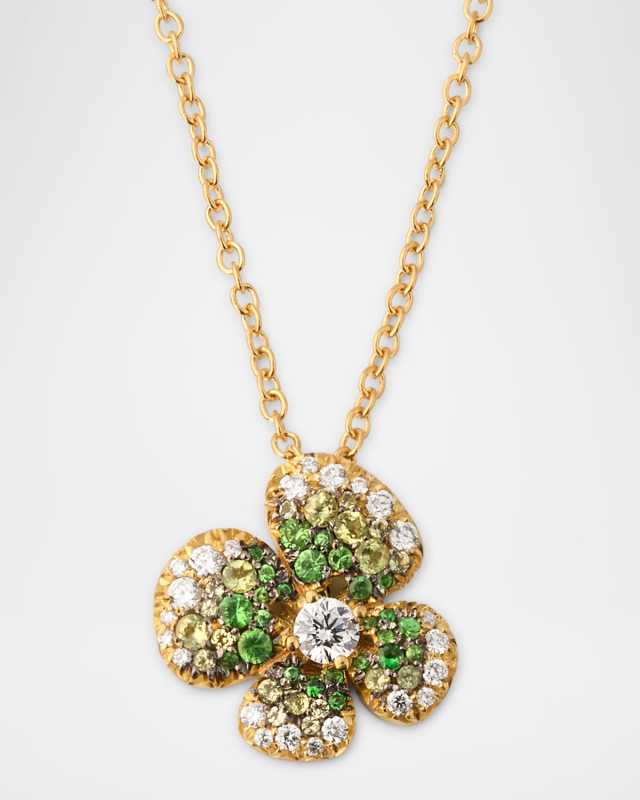 18K Yellow Gold Flower Pendant Necklace with Diamonds and Tsavorite